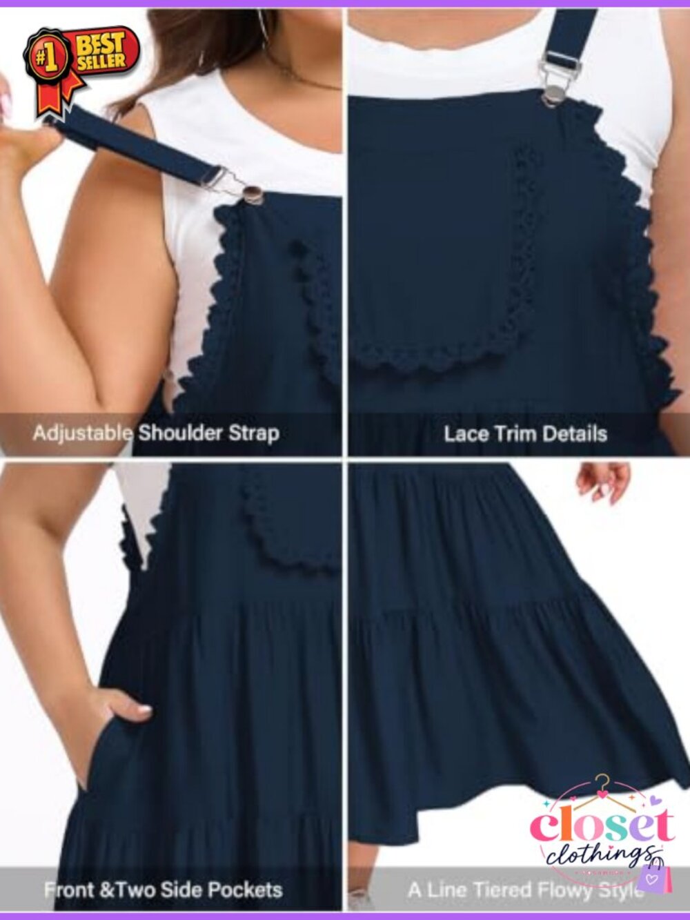 Plus Size Lace Overall Dress 3 Pockets Adjustable Straps Maxi Summer - Picture 4 of 6